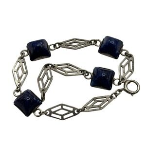 Vintage Sterling Silver Blue Glass Bracelet Binder Bros‎ Brothers Art Deco